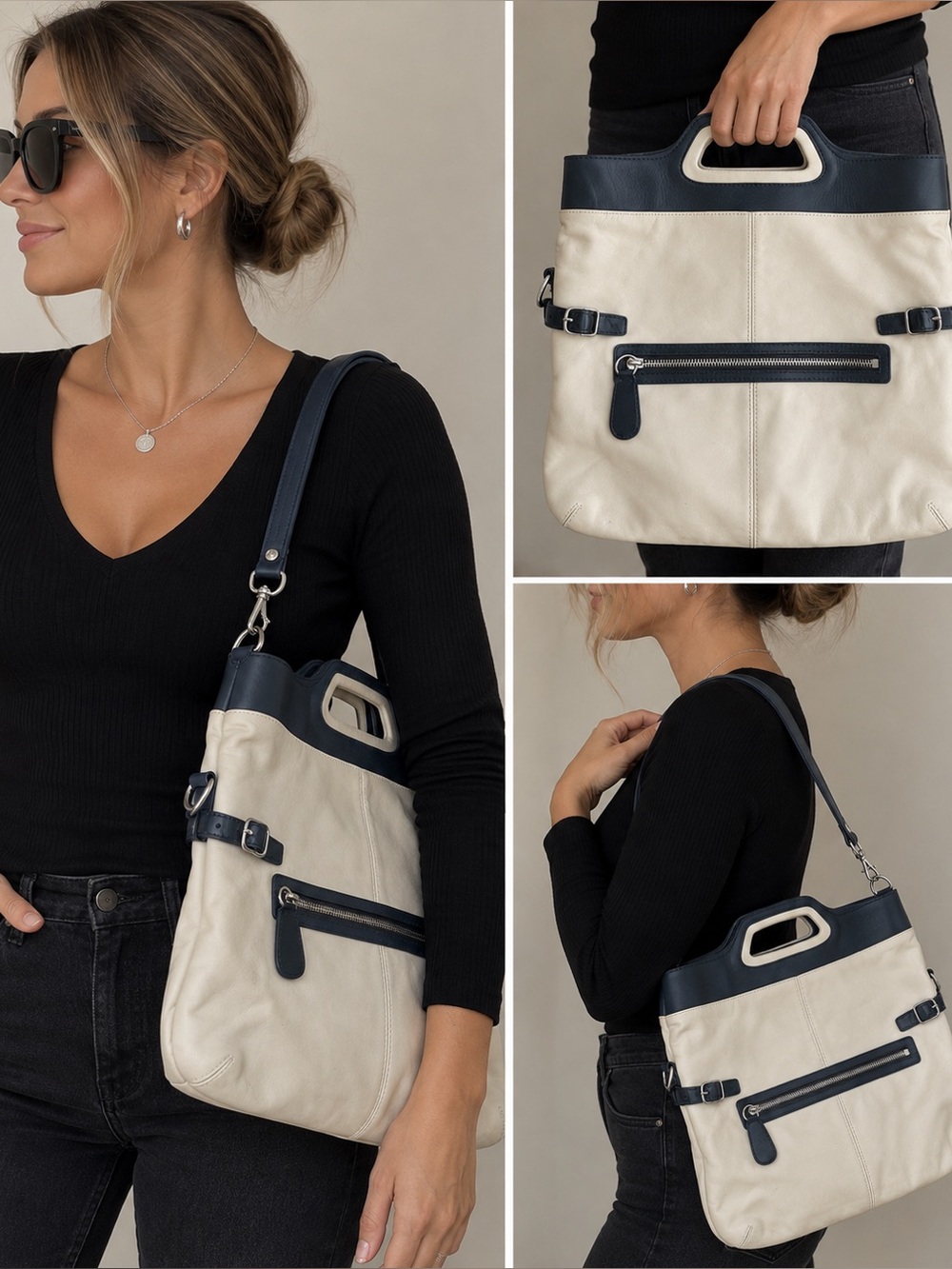 COACH Coach Bonnie 13380 Leather Convertible Foldover Bag Ivory Navy Y2K